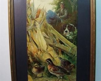 C/1890 Chromolitho hunting print from Ann Arbor, MI depicts Quail in a cornfield with hunter and dog, embossed, framed, 20x32"h.
