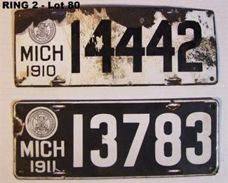1910 & 1911 Michigan Porcelain License Plates, 4 1/2" X 12", 1910 has damage.
