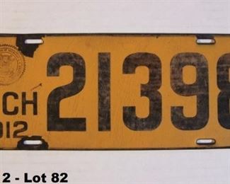 1912 Michigan Porcelain License Plate, 4 1/2" X 12" 
