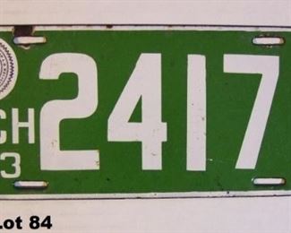 1913 Michigan Porcelain License Plate, 4 1/2" X 12" 
