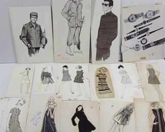 Large group of 1960's original pen and ink Fashion Illustrations for ads includes women's fashion, men's hunting clothes, under clothing, etc.  Produced for the "Yankee Department Store", all mounted on illustration board.
