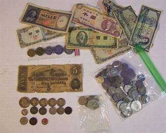 Group of Various US Antique Coins and Foreign Coins including Foreign Paper Money.
