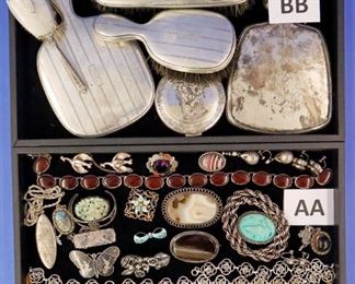 AA) Sterling jewelry - Hobe, Taxco, etc. BB) Sterling vanity accessories