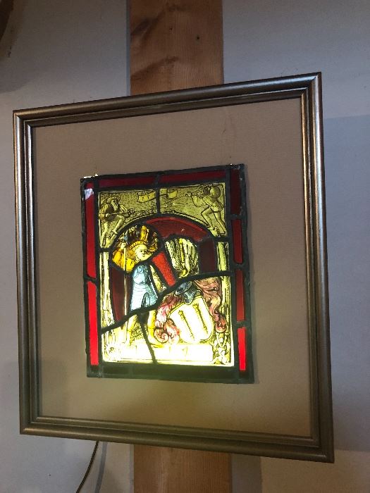 ANTIQUE STAINED GLASS FRAMED LIGHT UP ART
