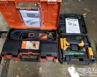 5203: Fein MultiMaster & Bostitch Staple AirGun
Fein MultiMaster model FMM250Q w/ various attachments and carry case. Bostitch SX1838 Air staple gun w/ box of staples