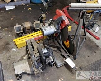 5204: Split Phase Grinder, Two chop saws, Belt sander, Metal SawHorses and Stand
Craftsman Split Phase grinder, Black and Decker chop saw, 14" cut off saw Model No. 1014, belt sander, Task force Saw horses and stand w/ roll top