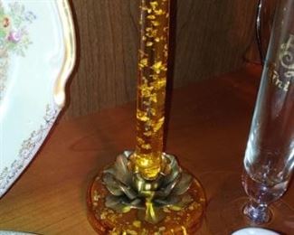 Great mid century modern Lucite candle sticks with gold flecks