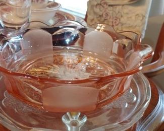 Pink Depression glass salad bowl