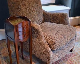 Second of three upholstered arm chairs and Theodore Alexander side table