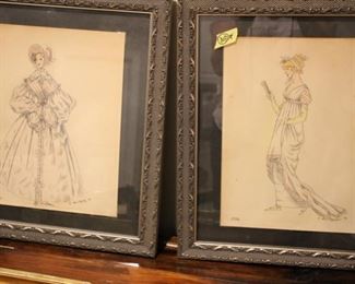 Pair pen & wash drawings of ladies in period costumes