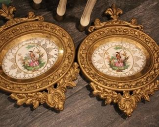 Pair transfer decorated plaques in gilt wood frames