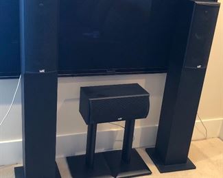 Miller & Kreisel M&K LCR-750THX 3 piece home theater speaker set. Includes left, right & center channel speakers with stands. (TV behind speakers is not for sale) 