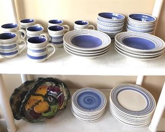 Pfaltzgraff “Rio” blue & white stoneware dishes (service for 8), large Mexican ceramic basket