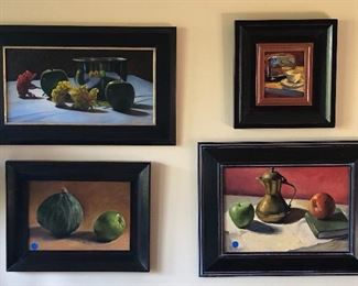 Still life oil paintings - 2 are by same artist as photo #1. Small painting at top right, “Toaster & Cup” is by NW artist Pam Ingalls. 