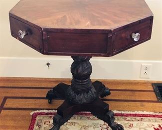 Antique revolving table with ornate carved base, from New Orleans estate (26” x 26” x 28”H)  