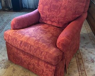 One of a PAIR of pink armchairs by Baker - super comfortable! 33”W, 34”H, 35”D