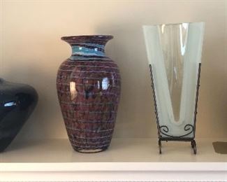 Art glass vases (left one is by Dan Bergsma), a few antiquarian books