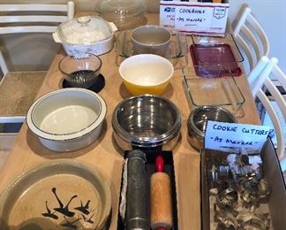 Pyrex & Corning Ware, baking items, a few cookbooks