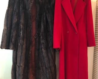Full length fur coat, red wool coat