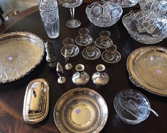 Silver plate trays & bowls, cut crystal bowls, sterling candlesticks, glass Turkish coffee set, Cambridge “Diane” divided mayo bowl