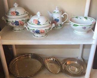 More V & B Amapola + silver plate trays & serving pieces
