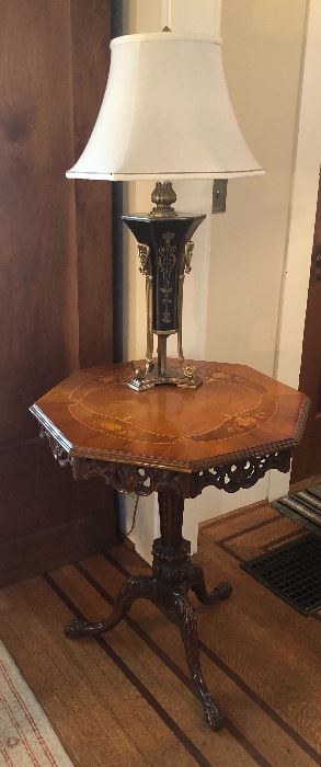Vintage octagonal table with marquetry & carved skirt + brass & black lamp