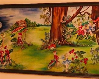 1955 painting of pixies & fairies by Russian artist, framed size 20.5” x 36”.