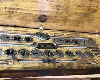 NICE GROUP  OF TAPS IN CUSTOM MADE WOOD CASE OF THE ANTIQUE VARIETY