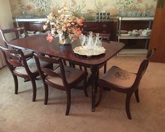Mahogany dining table 6 chairs embroidered seats