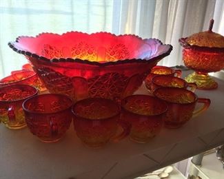 Beautiful flame punch bowl with cups