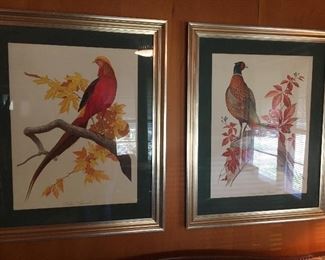 Large pheasant prints in Silver leaf frames vintage