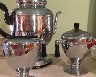 Vintage coffee percolator with cream and sugar art deco style