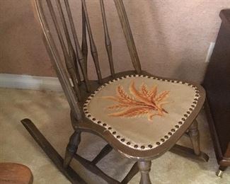 Oak antique rocker with needlepoint seat