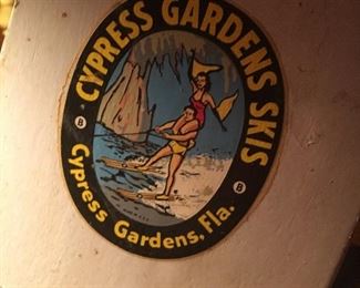 Colorful label on vintage skis