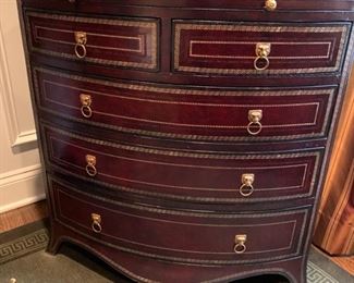12. Maitland Smith Bow Front Burgundy Tooled Leather Bachelor Chest w/5 Drawers and Pull Out Slide on Top (28" x 15" x 30")