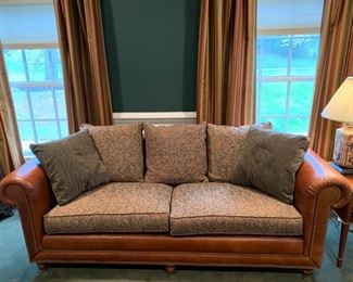 7. Pereaux Custom Leather Sofa w/ Upholstered Seat & Nailhead Detail (91" x 38" x 31")