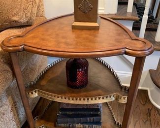 32. Three Legged Accent Table w/ Leather Top and 2 Brass Gallery Shelves (22" x 19" x27")