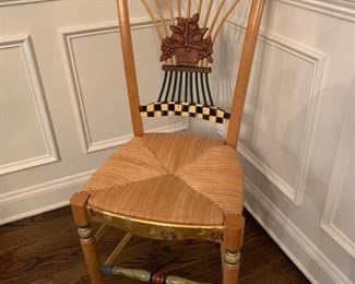 41. MacKenzie Childs Flower Basket Arm Chair, Handpainted w/ Rush Seat (17" x 16" x 40")