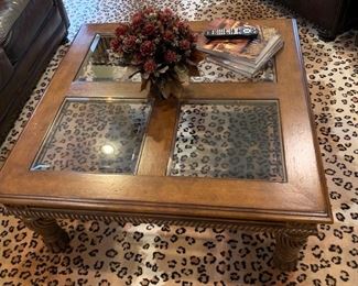 49. Carved Wood Coffee Table w/ 4 Beveled Glass Insets (42" x 42" x 17")