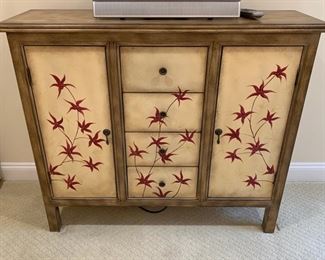 68. Accent Painted Cabinet w/ Red Leaf Front, 4 Drawers, 2 Doors (42" x 12" x 37")