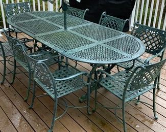 132. Cast Iron Outdoor Dining Set, Oval Table (95" x 42" x 31") w/ 8 Arm Chairs and Umbrella