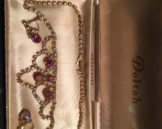 Vintage Rhinestone and Gem Necklace and Ear Rings in original box!