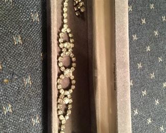 Vintage Rhinestone and Gem Necklace and Ear Rings in original box!