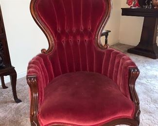 Two red velvet Victorian chairs