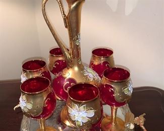 Vintage Murano wine decanter and 6 wine glasses accented with gold, Italy