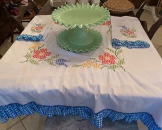 Vintage cross stitch tablecloth and hand linens