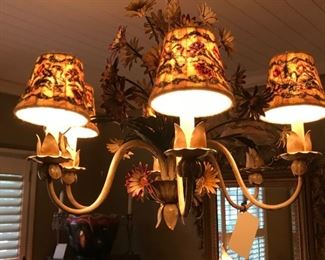 Tole chandelier with needlepoint shades