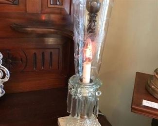 Pair of hurricane candle lamps, First Love pattern, Duncan Miler Glass Company circa 1937