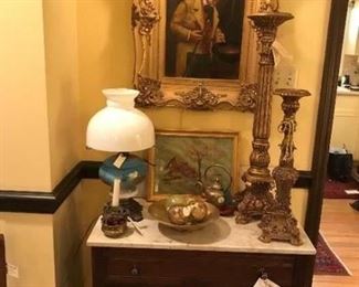 JW Brown painting circa 1860's; Victoria wash stand with marble top