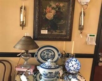 Mattahedeh soup tureen and platter; very old blue willow cheese dish; converted oil lamp; candle sticks with primed bobeches
